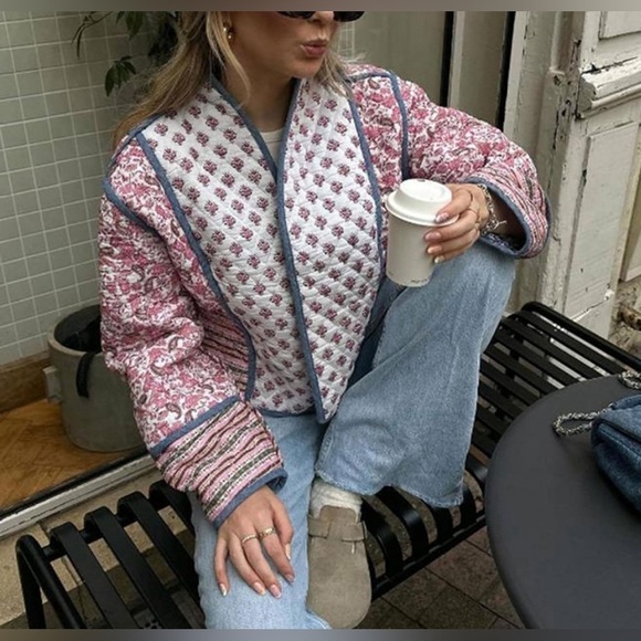 Cropped Puffer Jacket Stand Collar Floral Printed Open Front Quilted Lig… - Picture 7 of 15